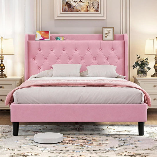 koorlian Queen Bed Frame with Headboard, Adjustable Upholstered Platform Bed Frame with Type-C&USB Ports, Wingback Storage Headboard, Solid Wood Slats Support, No Box Spring Needed, Pink