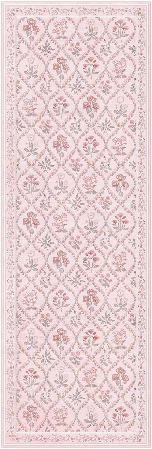 Pink Runner Rug for Bathroom 2x6, Washable Runner Rug Non Slip, Aesthetic Boho Floral Kitchen Area Carpet for Bedroom Hallway Laundry Entryway