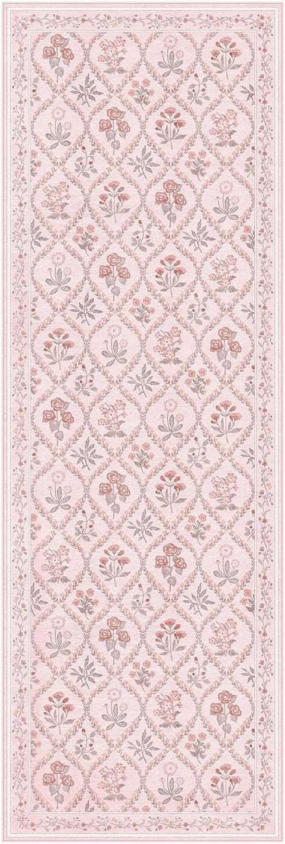 Pink Runner Rug for Bathroom 2x6, Washable Runner Rug Non Slip, Aesthetic Boho Floral Kitchen Area Carpet for Bedroom Hallway Laundry Entryway