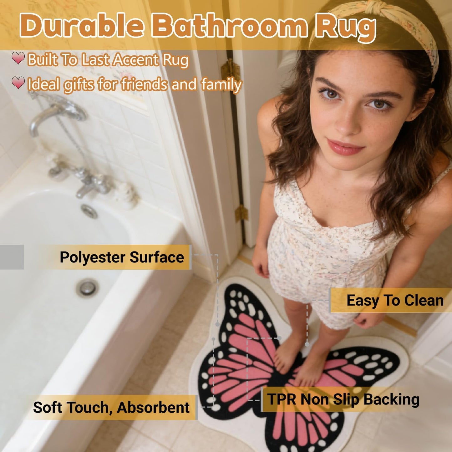 Butterfly Shaped Bath Rug 27" x 23" Non-Slip Cute Thin Fluffy Entrance Door Mat, Small Area Accent Indoor Rug for Bathroom Bedroom Garden House, Absorbent Washable Quick Dry, Pink
