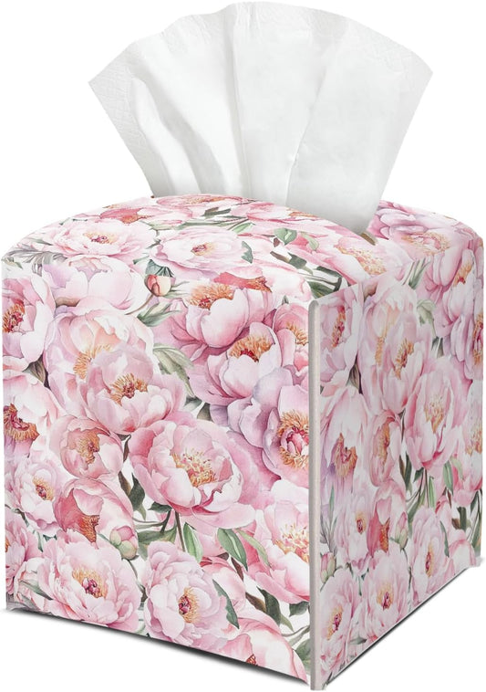 Pink Floral Leather Tissue Box Cover Square Watercolor Decorative Tissue Holder for Bathroom Home Office Gifts for Women Girls Sister Bestie Daughter Housewarming Christmas Birthday Gifts - DH551