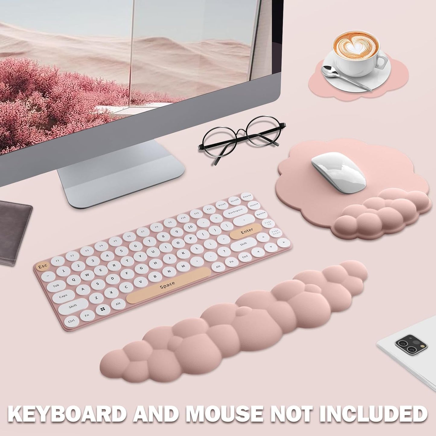 Cloud Keyboard Wrist Rest and Mouse Pad with Wrist Support Set, Ergonomic PU Leather Mouse Pads, Memory Foam Non-Slip Mousepad for Computer,Laptop, Light Pink Cloud