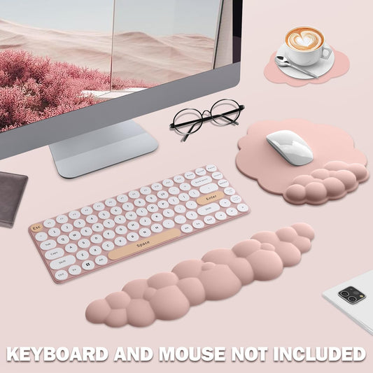 Cloud Keyboard Wrist Rest and Mouse Pad with Wrist Support Set, Ergonomic PU Leather Mouse Pads, Memory Foam Non-Slip Mousepad for Computer,Laptop, Light Pink Cloud