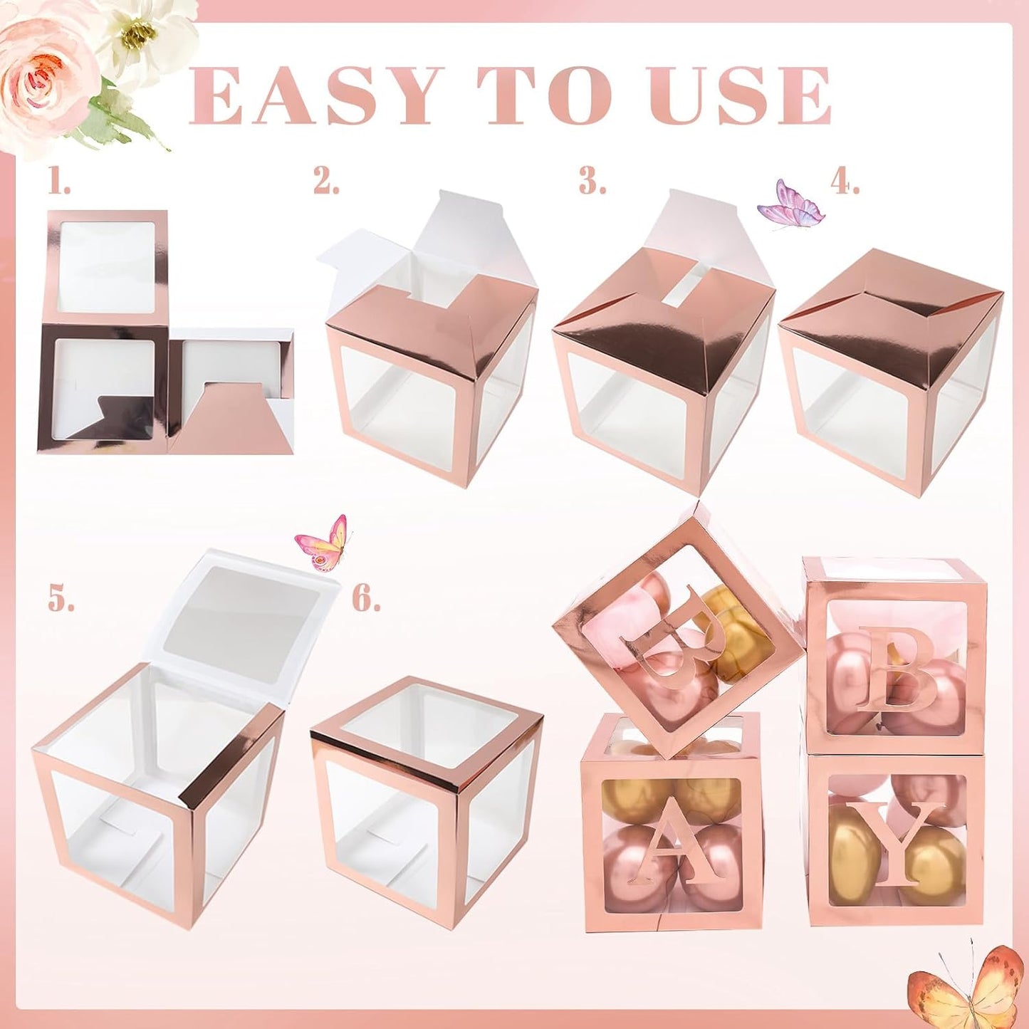 Baby Shower Decorations for Girl - Rose Gold Retro Blush Pink Balloon Arch Garland Kit Baby Boxes Backdrop for Butterfly Baby Shower Decor Girl Birthday Party Supplies