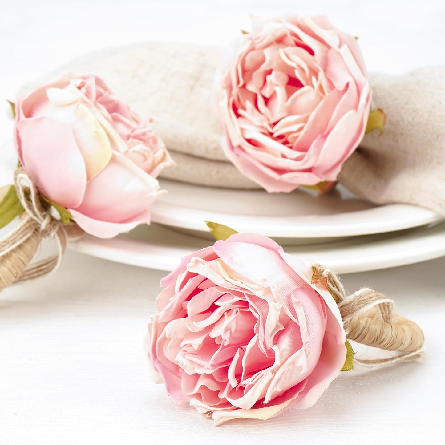 Handcraft Pink Rose Napkin Rings – 6-Pack Handmade Flower Napkin Holders with Jute Wrapped for Romantic Tablescapes, Birthday, Christmas, Thanksgiving, Weddings & Gifting