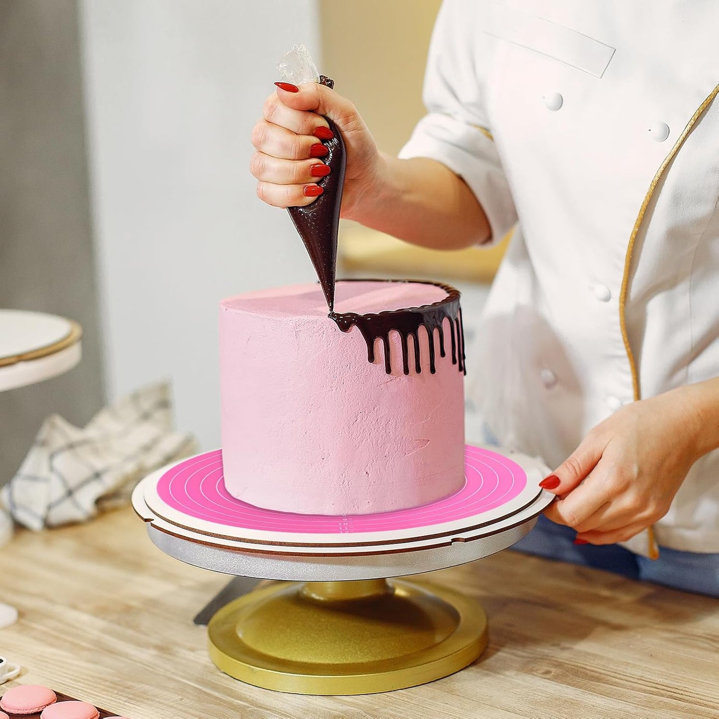 2 PCS 12 Inch Silicone Cake Mat, Pink Round Baking Mat with Measurements Reusable Cake Turntable Mat Non-Stick Heat Resistant Pastry Mats for Rolling Out Dough Cake Pizza Cookies