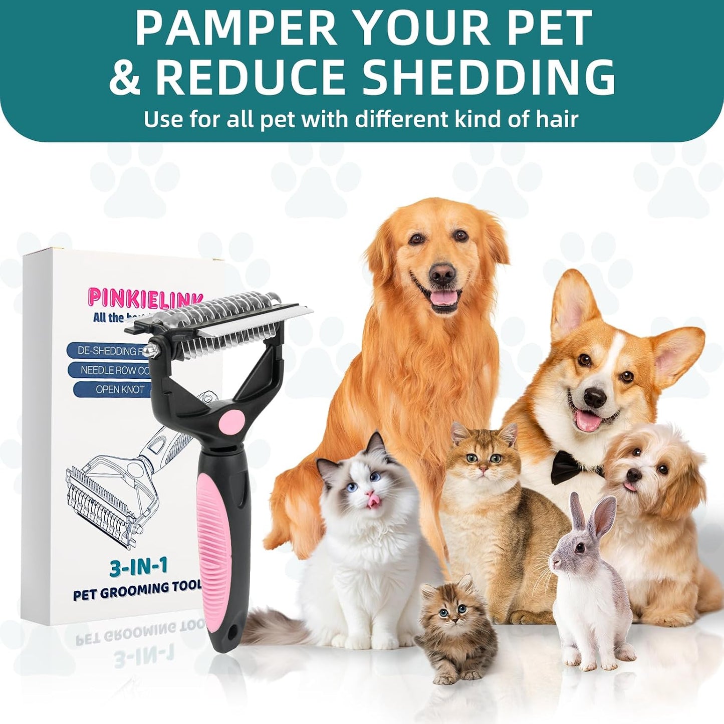 3-IN-1 Pet Grooming Tool - Undercoat Rake, Dematting Comb & Deshedding Brush for Cats & Dogs - Removes Mats, Tangles & Loose Fur, Reduces Shedding & Prevents Hair Mess (Pink)