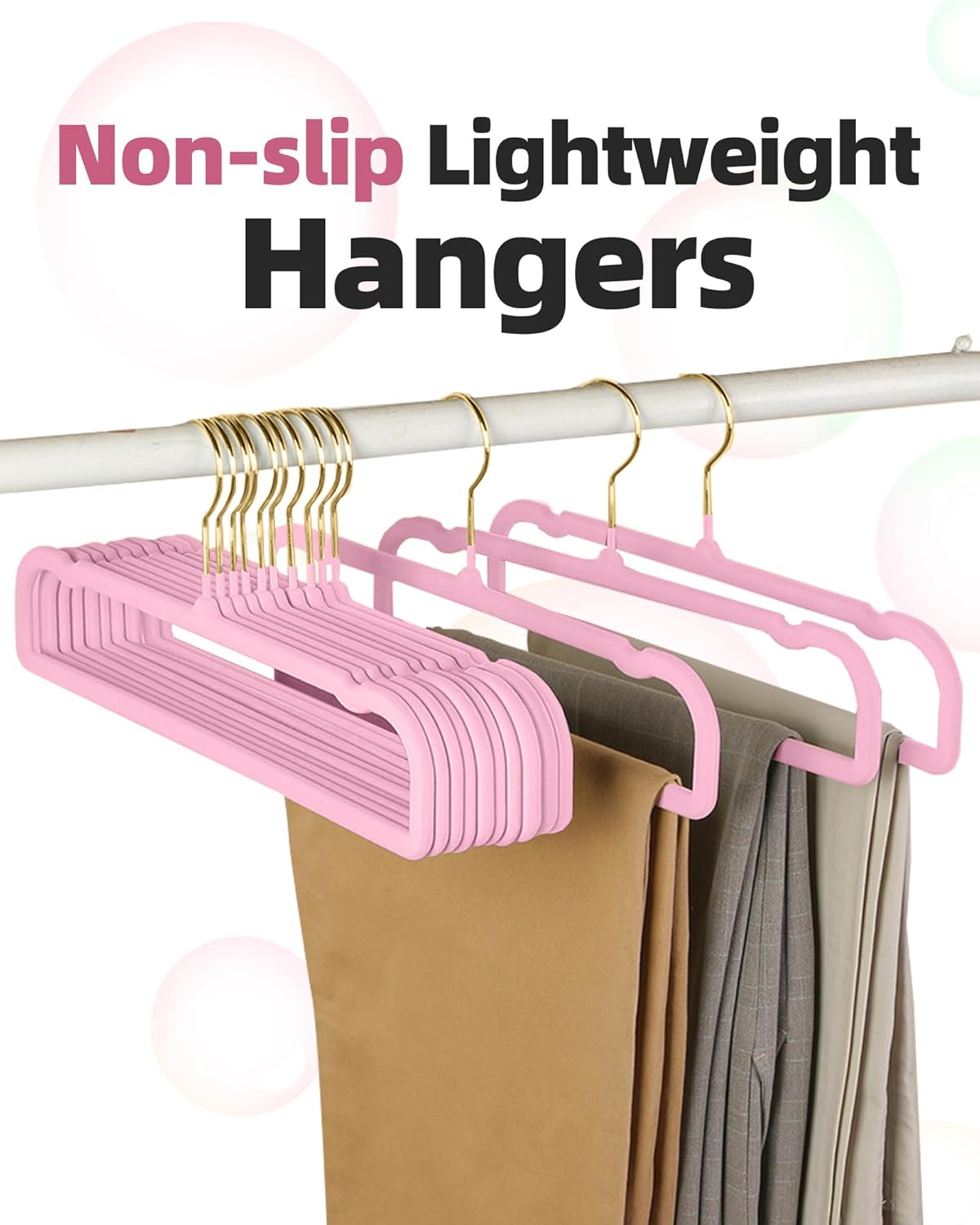 HGYZE Velvet Pants Hangers 20 Pack, 360° Swivel Gold Hook, Non Slip Felt Hanger for Spaghetti Strap Dresses Slack Jean, Blush Pink and Gold Felt Hangers, Cute Flocked Trouser for Adult Teen