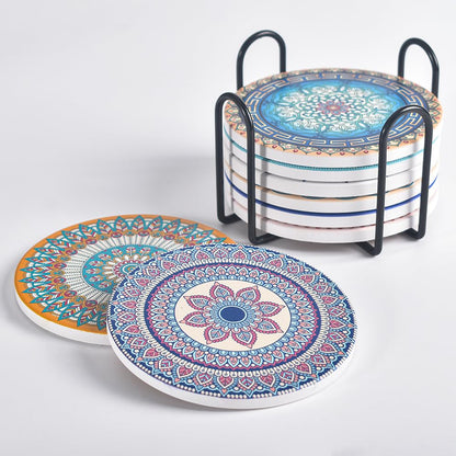 Newk Ceramic Absorbent Coasters - Set of 8 with Metal Holder, Light Colorful Mandala Patterns for Coffee Table, Great Housewarming Gifts