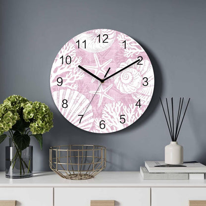 Ocean Wall Clock Battery Operated Non-Ticking 12" Round Wood Clocks, Coral Shell Starfish Coastal Marine Pink Kitchen Wall Clock for School Bathroom Living Room Home Office Wall Decor