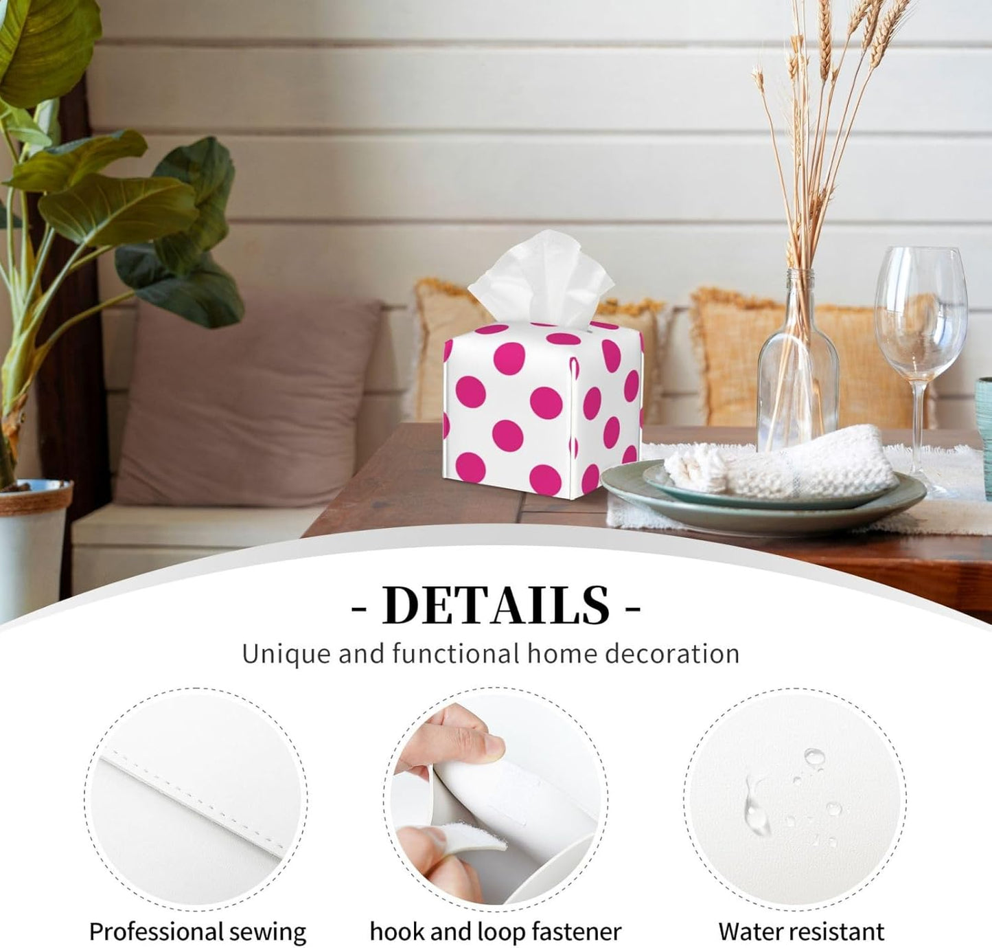 Decorative Tissue Box Cover Square - Hot Pink Polka Dot Pattern Print Leather Cube Tissue Box Holder Paper Case, Organizer Dispenser for Modern Home & Room/Office/Bathroom Decor Aesthetic