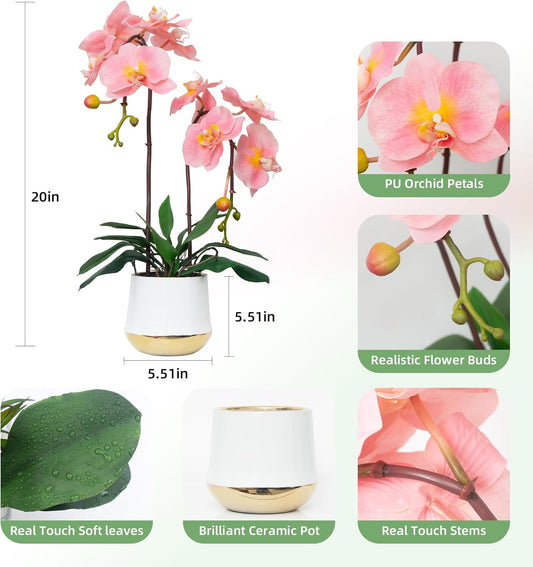 CXGS Orchids Artificial Flowers Realistic Fake Flowers in Ceramic Pot 20" Pink Lifelike Faux Floral Arrangement Soft PU Phalaenopsis for Home Hotel Indoor Decor, Centerpiece Display