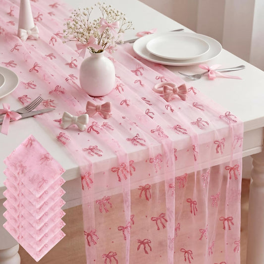 8 Pcs Pink Bow Table Runners 29 x 70 Inch Pink Tulle Lace Table Runner Coquette Bow Tablecloth for Wedding Birthday Baby Shower Home Decor