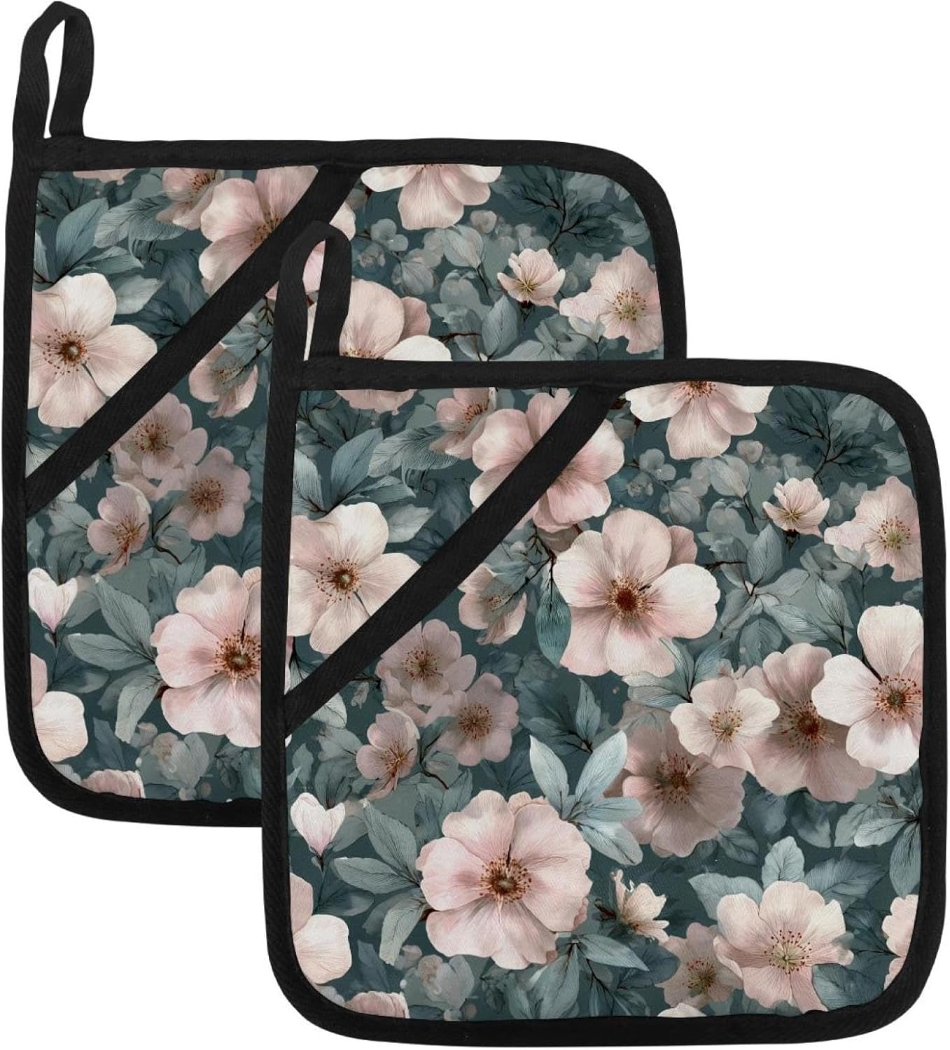 Heat Resistant Pot Holder Set, Light Pink Flowers and Sage Green Leaves Hot Pads Potholder for Kitchen, Washable Oven Mitts for Cooking Baking Pans