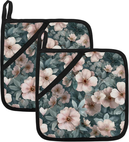 Heat Resistant Pot Holder Set, Light Pink Flowers and Sage Green Leaves Hot Pads Potholder for Kitchen, Washable Oven Mitts for Cooking Baking Pans