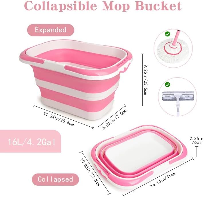 Large Collapsible Bucket for Cleaning, 4.2 Gallon (16L) Silicone Bucket with Handle & Hanging Hole, Foldable Space-Saving Mop Bucket for Home, Storage. Car Wash, Camping, Beach (Pink White)