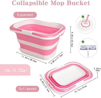 Large Collapsible Bucket for Cleaning, 4.2 Gallon (16L) Silicone Bucket with Handle & Hanging Hole, Foldable Space-Saving Mop Bucket for Home, Storage. Car Wash, Camping, Beach (Pink White)