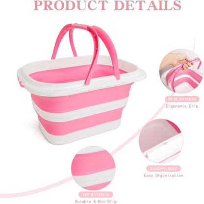Large Collapsible Bucket for Cleaning, 4.2 Gallon (16L) Silicone Bucket with Handle & Hanging Hole, Foldable Space-Saving Mop Bucket for Home, Storage. Car Wash, Camping, Beach (Pink White)