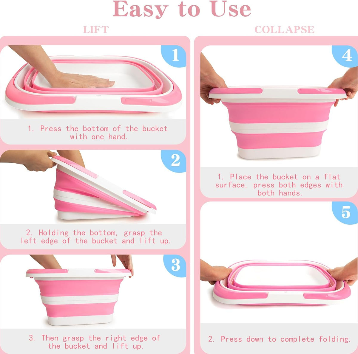 Large Collapsible Bucket for Cleaning, 4.2 Gallon (16L) Silicone Bucket with Handle & Hanging Hole, Foldable Space-Saving Mop Bucket for Home, Storage. Car Wash, Camping, Beach (Pink White)