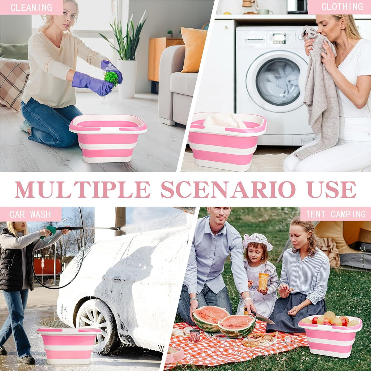 Large Collapsible Bucket for Cleaning, 4.2 Gallon (16L) Silicone Bucket with Handle & Hanging Hole, Foldable Space-Saving Mop Bucket for Home, Storage. Car Wash, Camping, Beach (Pink White)