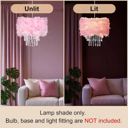 Feather Lamp Shade with Acrylic Beads Droplets, Soft Lampshade for Pendant, Table, Floor & Wall Lighting, Bedroom Wedding Decor, ID 11.8inch, OD 15.7inch, Pink