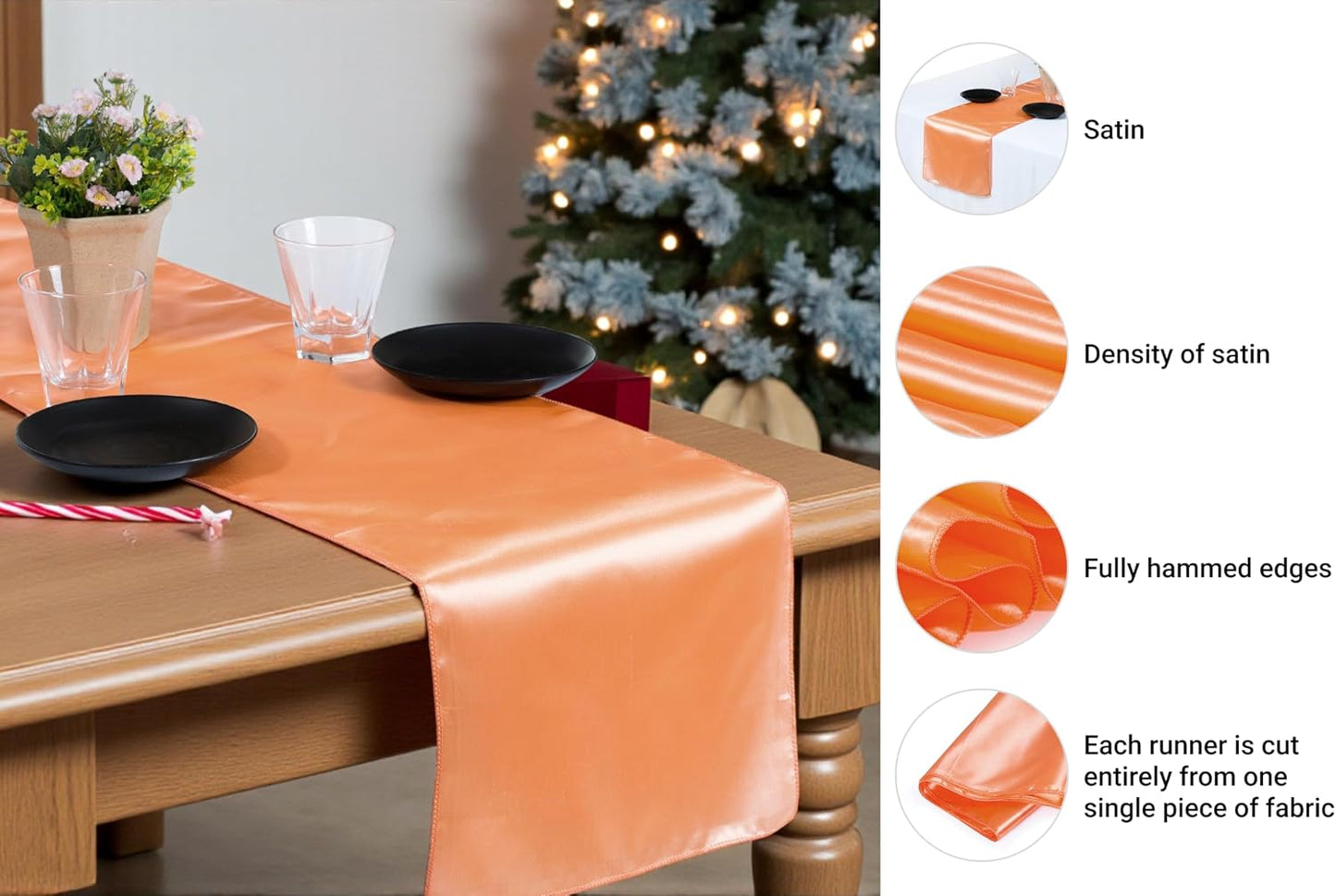 VDS Pack of 2 Satin Table Runners 12" x 108" - Charmeuse Sateen Silk Centerpiece Cloth Linen for Wedding Birthday Graduation Engagement Ceremony Event Party Banquet Table Decoration (Peach)