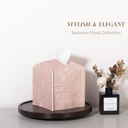 Tissue Box Cover PU Leather Square Tissue Holder Facial Paper Organizer Dispenser for Bathroom Vanity Countertop, Dresser, Tabletop, Office, Car, Pink