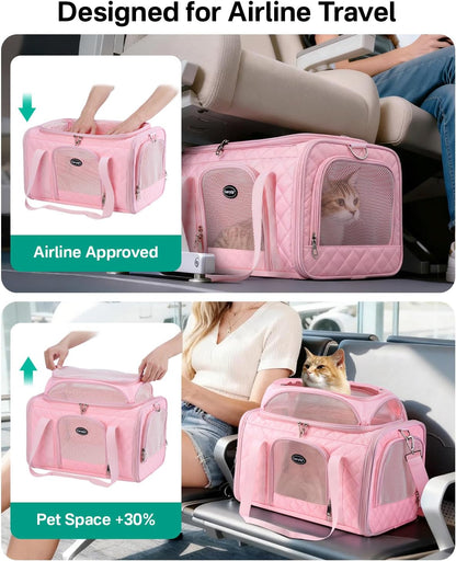 Cat Carrier Airline Approved 17x11x9.5 Inches, Top Expandable Soft Sided Pet Travel Carrier for Cats & Small Dogs, Fits Under Airline Seat with Locking Zippers, Pink