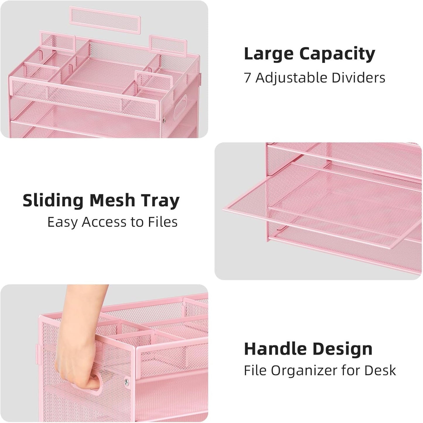 Marbrasse 5 Tier Paper Organizer Letter Tray, Mesh Desk File Organizer with Handle, Paper Sorter Desk Organizer for Home Office Supplies - Pink, Adjustable