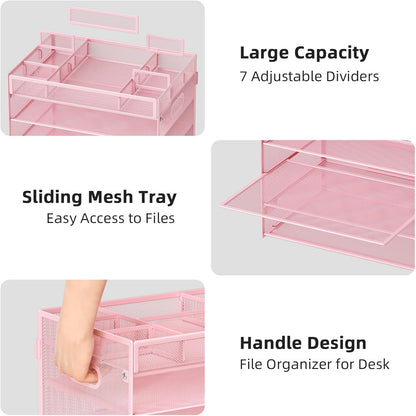 Marbrasse 5 Tier Paper Organizer Letter Tray, Mesh Desk File Organizer with Handle, Paper Sorter Desk Organizer for Home Office Supplies - Pink, Adjustable