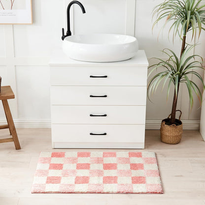 CozeCube Bath mats for Bathroom Non Slip, Fluffy Absorbent Microfiber Bath mat Washable, Aesthetic Bathroom Rugs, Cute Blossom Pink Checkered Bath mat, Blossom Pink, 32" x 20"