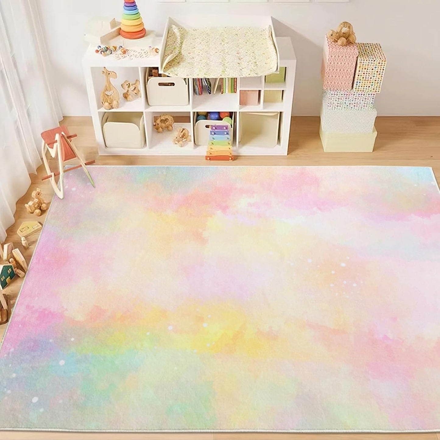 Kids Area Rug 5x6.6 - Pastel Pink Yellow Carpet for Boys Girls Bedroom, Soft Playroom Rug for Toddlers, Washable Nursery Mat, Neutral Modern Abstract Kids Decor for Living Room Classroom