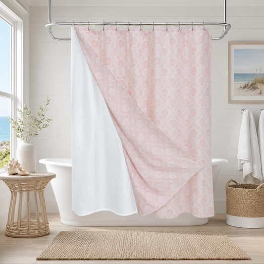 Fabric Shower Curtain Set with Detachable Liner, Matelasse Jacquard Coastal Pattern, Metal Hooks Included, Water-Repellent, 4 Hem Magnets, Shell Pink, 72 x 84 Inch