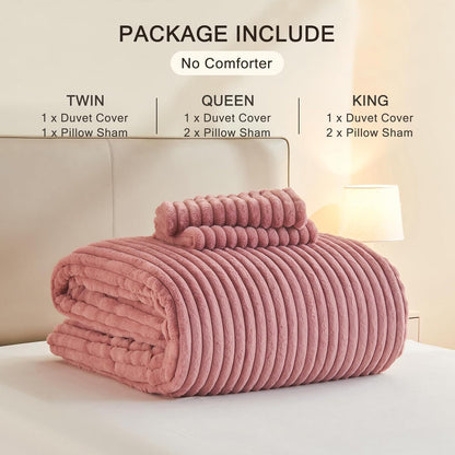 EMME Faux Fur Duvet Cover Queen Size, 3 Pieces Ultra Soft Fluffy Comforter Cover, Cozy Warm for Winter, Luxury Elegant Shaggy Striped Design Bedding, 1 Duvet Cover & 2 Pillow Shams (Queen, Old Pink)