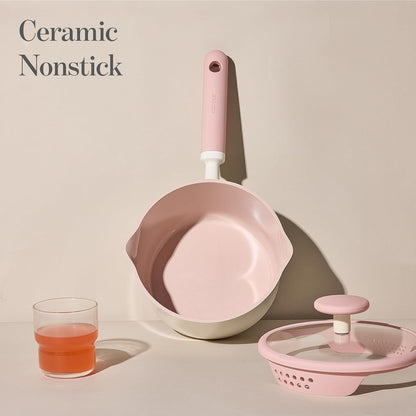 CAROTE 2.5QT & 3.0QT Sauce Pan Sets with Lid & Ladle Ceramic Nonstick Pot Set Non Toxic Saucepan with Stay-cool Handle Small Kitchen Cooking Pots, Easy to Clean, Induction Comptable, PFOA FREE