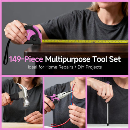 PULITUO Drill Set, 149-Piece Home Tool Set with 12V Pink Cordless Drill, Tool Box, Hand Tool Kits for Women & Men and DIY Enthusiasts, for Home Improvement