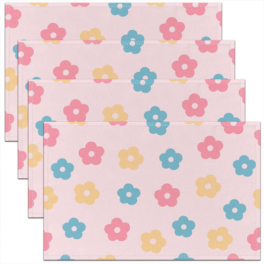 Retro Flowers Placemats Set of 4,70s 80s Hippie Groovy Table Mats,Colorful Daisy Flowers Placemat for Kitchen Dining Table Sweet Pink Dining Table Decor,18"x12"