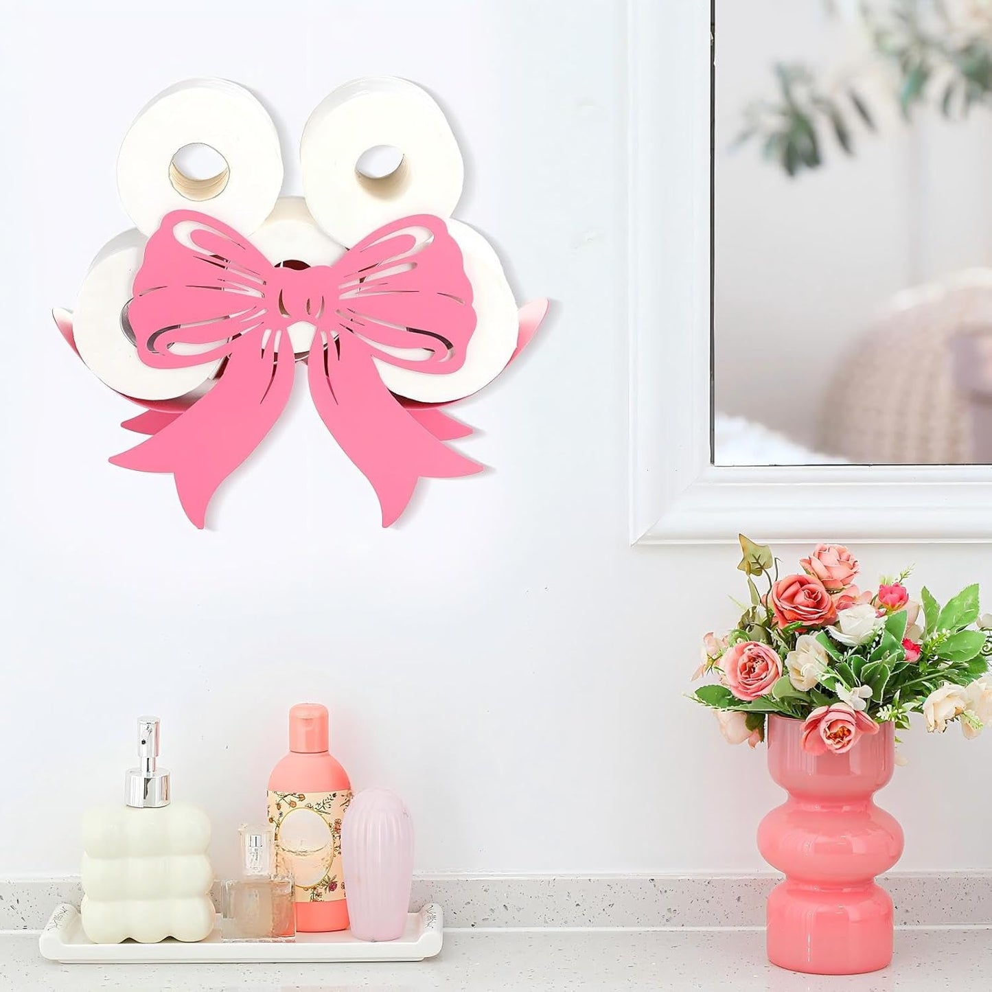 Geelin Bow Metal Toilet Paper Storage Holder Wedding Bow Bathroom Decor 8 Rolls Decorative Toilets Paper Holder Wall Mounted for Bathroom Kitchen Bedroom Coquette Home Decor(Pink)
