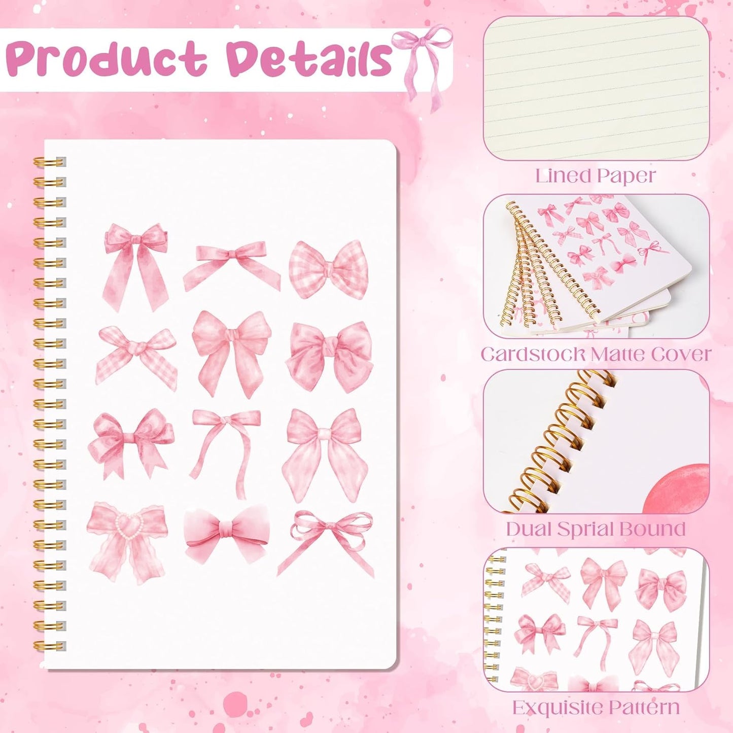 CNhoqc Pink Bow Journal Notebook - 4-Sets A5 Watercolor Coquette College Ruled Paper Lined Page Spiral Bound Notebook Ballpoint Pen Organza Bag Note Taking Work High School Supplies Graduation Gift