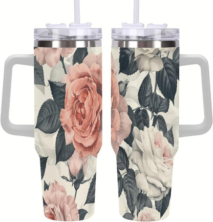 40oz Tumbler with Handle, Peach And White Rose Pattern Printed Stainless Steel Travel Mug, Insulated Car Cup with Straw, Keeps Drinks Hot & Cold, Personalized Gift for Women & Men