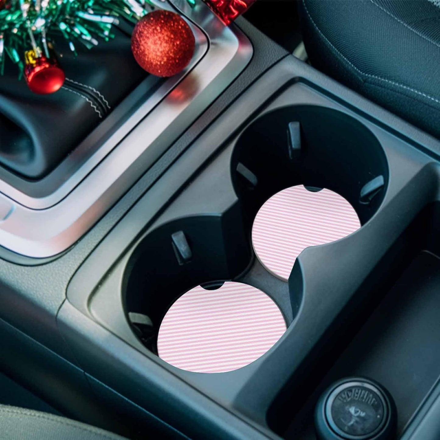Simple White Striped Car Coaster, Pink Stripes Modern Style Absorbent Ceramic Coasters for Car, 2 Pcs Coasters for Auto Cupholder Accessories Keep Vehicle Clean 2.56inch
