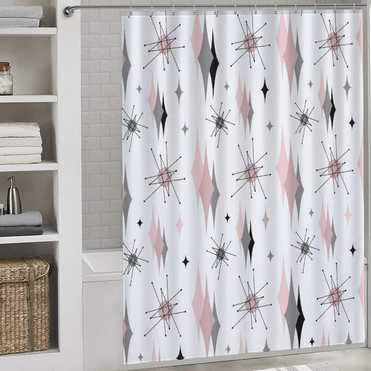 Mid Century Modern Shower Curtain, Pink Gray Geometric Atomic Abstract Pattern 1950s 1960s Retro Vintage Style Waterproof Fabric Bathroom Shower Curtain Set with Hooks, 72"x72" Inch