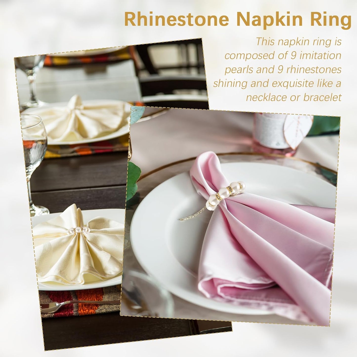 60 Pcs Wedding Pearl Napkin Rings Imitation Pearl Beaded Napkin Rings Holder Silver White and Gold Elastic Dinner Table Decor Rhinestone Serviette Rings for Table Party Decorations