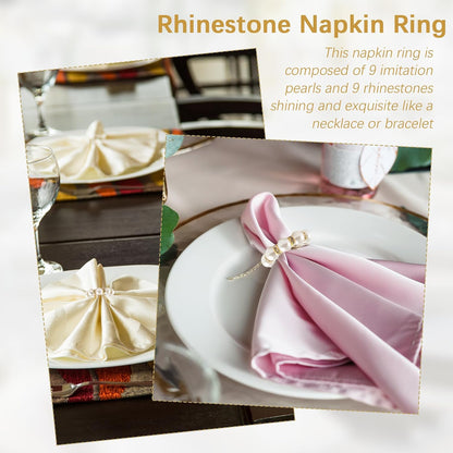 60 Pcs Wedding Pearl Napkin Rings Imitation Pearl Beaded Napkin Rings Holder Silver White and Gold Elastic Dinner Table Decor Rhinestone Serviette Rings for Table Party Decorations