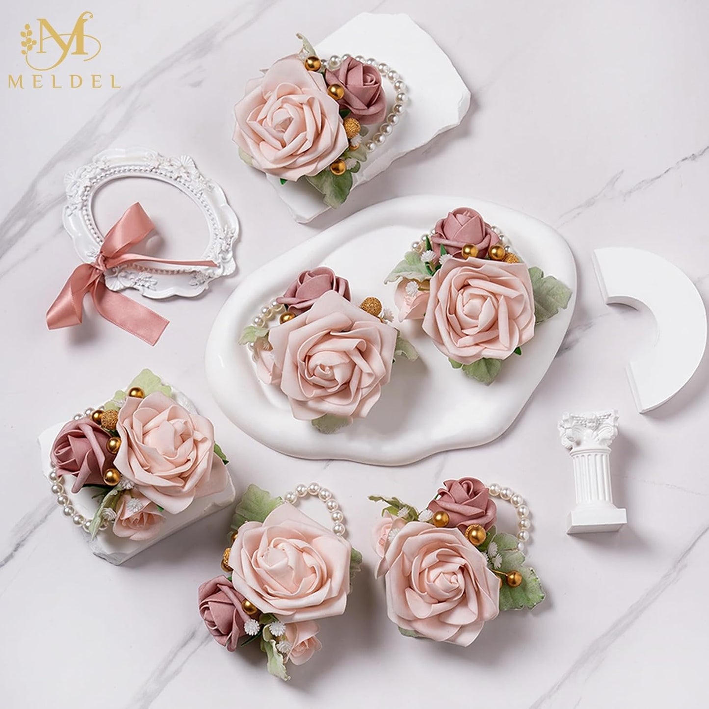 6Pcs Dusty Pink Faux Foam Rose Corsages for Women Wedding 6Pcs | Artificial Foam Rose Corsages Wristlet for Wedding Prom Bride Bridesmaids Homecoming Party Ceremony Anniversary