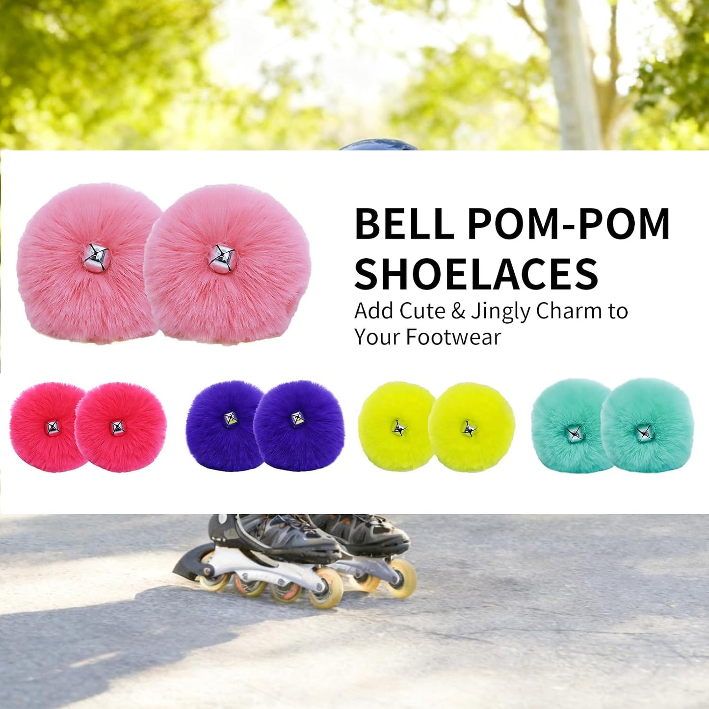 Bestookits Roller Skate Pom Poms with Bells, Skating Outfit Ice Skating Accessories, Roller Skate Decorations for Girls Women 2 Pieces (Pink)