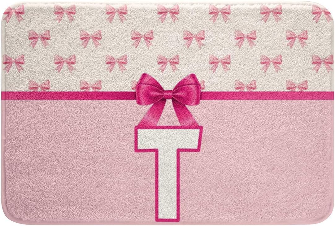 Feelyou Girls Bow Bathroom Rugs Pink Dreamy Princess Bath Mats Initial Letter T Bathroom Accessories Floor Doormats 16"x24" Soft Microfiber