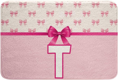Feelyou Girls Bow Bathroom Rugs Pink Dreamy Princess Bath Mats Initial Letter T Bathroom Accessories Floor Doormats 16"x24" Soft Microfiber