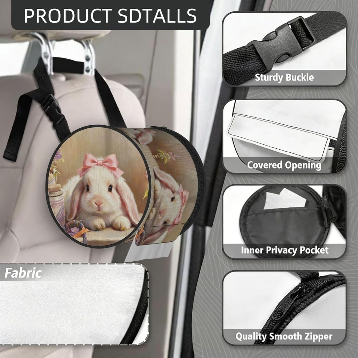 Round Tissue Holder Bag Car Hanging Tissue Boxes Cover with Adjustable Strap Foldable Roll Storage Bags with Zipper Tissues Case Organizer for Home Decor Toilet Office(Bunny Pink Bow)