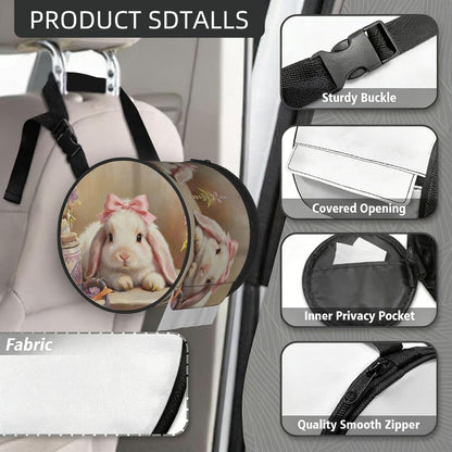 Round Tissue Holder Bag Car Hanging Tissue Boxes Cover with Adjustable Strap Foldable Roll Storage Bags with Zipper Tissues Case Organizer for Home Decor Toilet Office(Bunny Pink Bow)